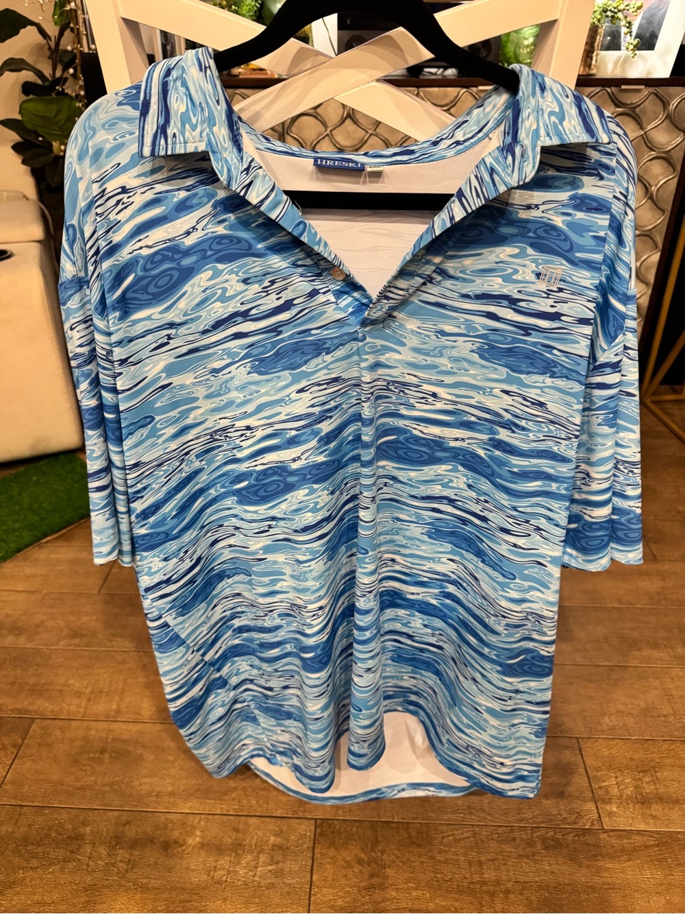 HRESKI Blue Wave Print Polo Shirt